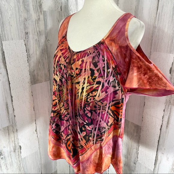 One World Women’s Orange Cold Shoulder Shirt Sleeve Stretch Blouse Top Shirt S